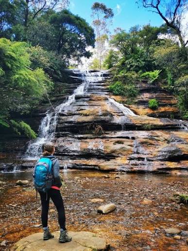 Hiker with blue backpack facing a forest waterfall